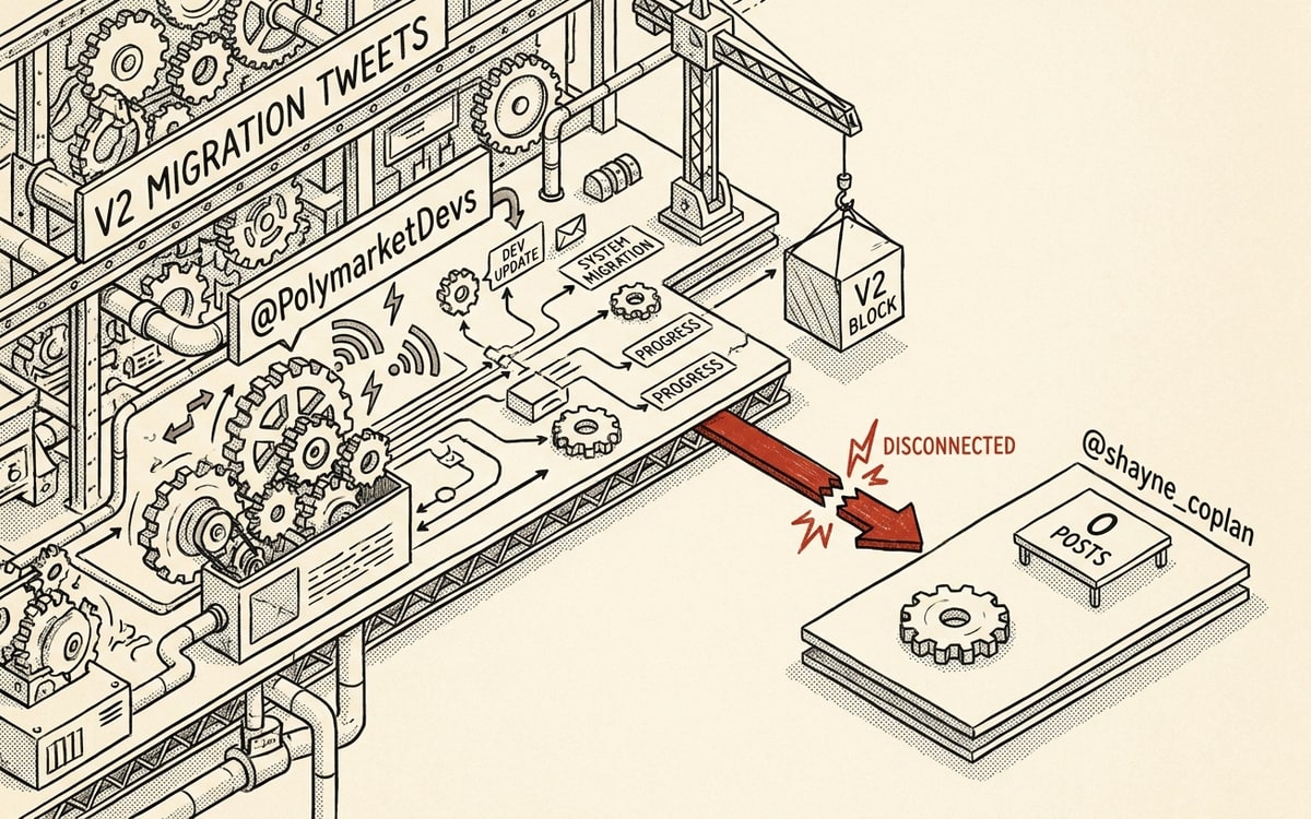 Comms asymmetry: @PolymarketDevs led on V2 migration tweets while CEO @shayne_coplan posted zero.