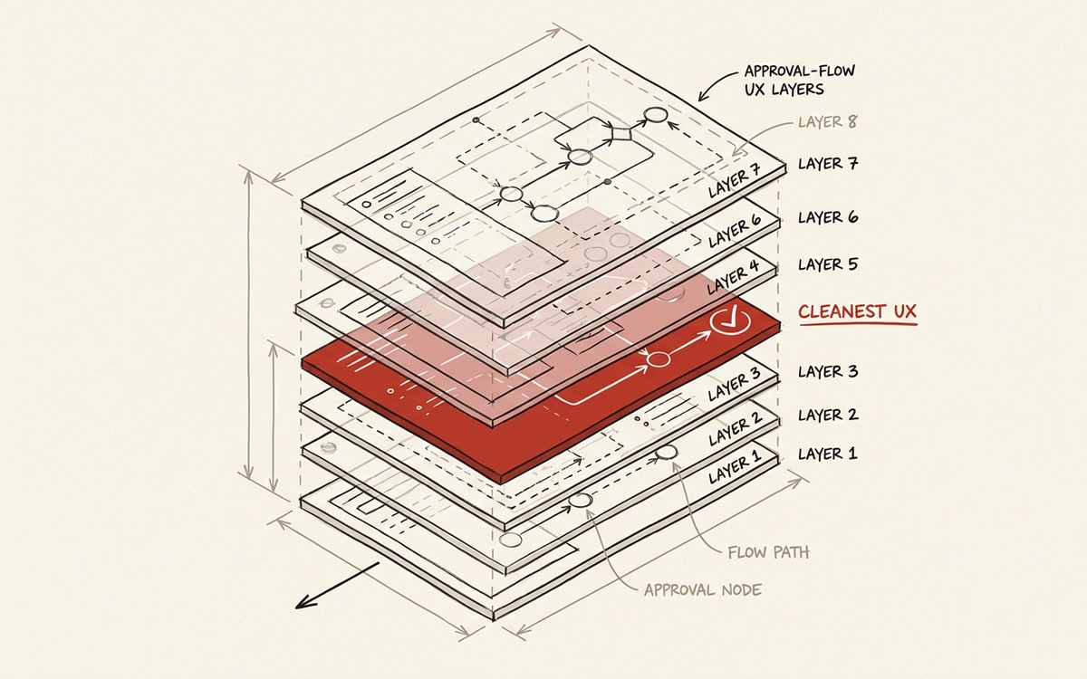 An axonometric stack of eight approval-flow UX layers, the cleanest one rendered in red