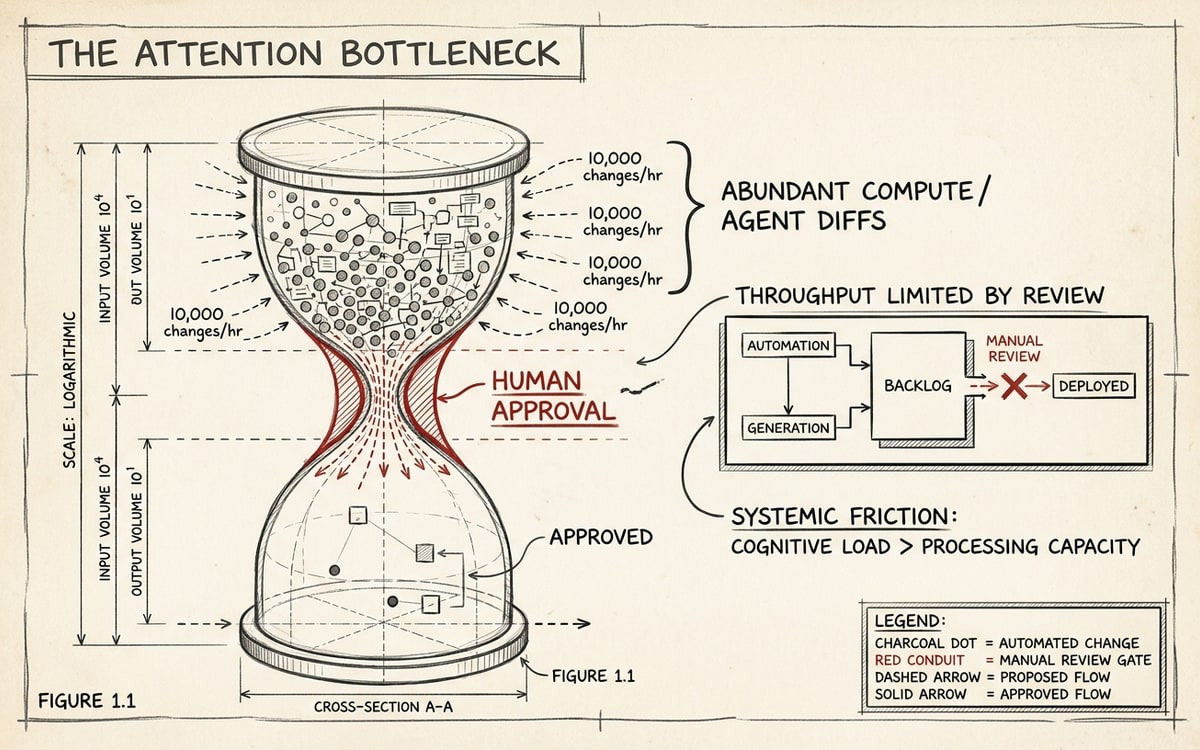 An hourglass with a red neck, abundant compute dots above and only three human-approval dots below