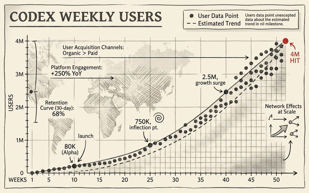 A rising user-count curve plotted as charcoal dots, the rightmost dot in red marking Codex hitting 4M weekly users