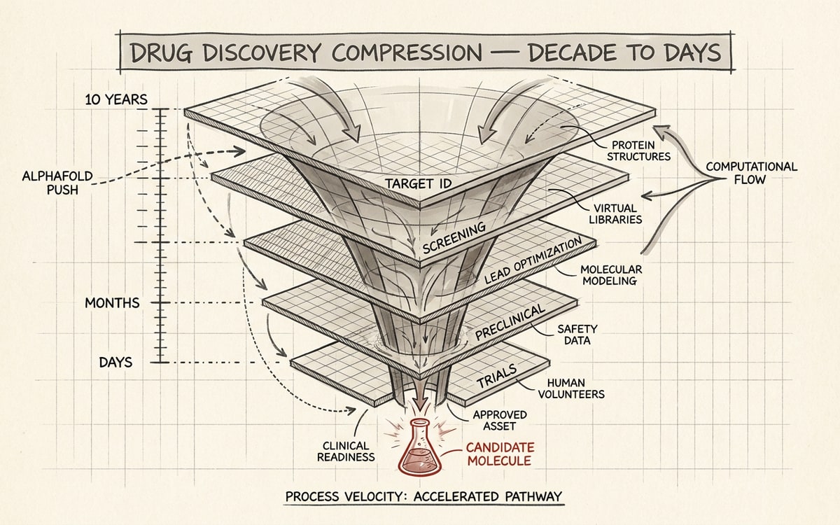 An axonometric funnel collapsing through five layered planes into a red beaker — drug discovery compression, decade to days