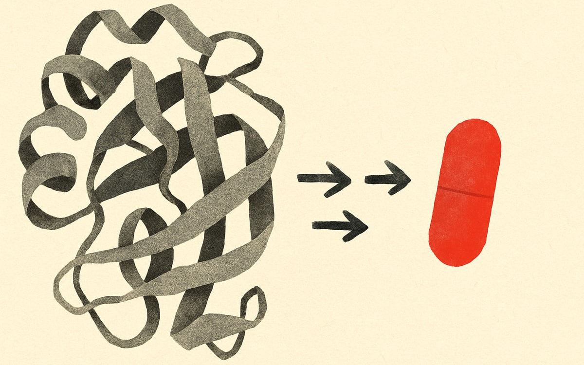 A folded protein on the left, three charcoal arrows pointing right, a single red pill on the right: from AlphaFold to a dosed candidate