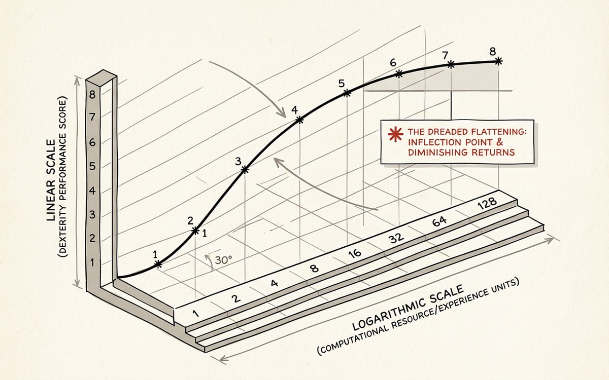 Eight-point dexterity scaling curve flattening at the top right — the log-linear law EgoScale claims