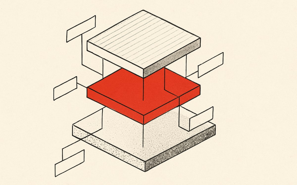 Five-layer axonometric stack with a red bridge layer — DreamDojo as the neural simulator between physical and simulated worlds
