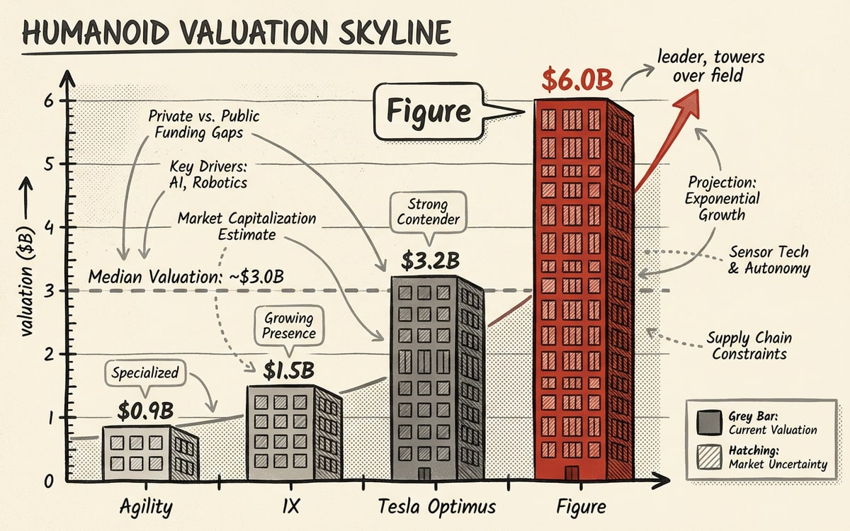Four-bar humanoid valuation skyline, with Figure towering over the rest — the gap between the leader and the field