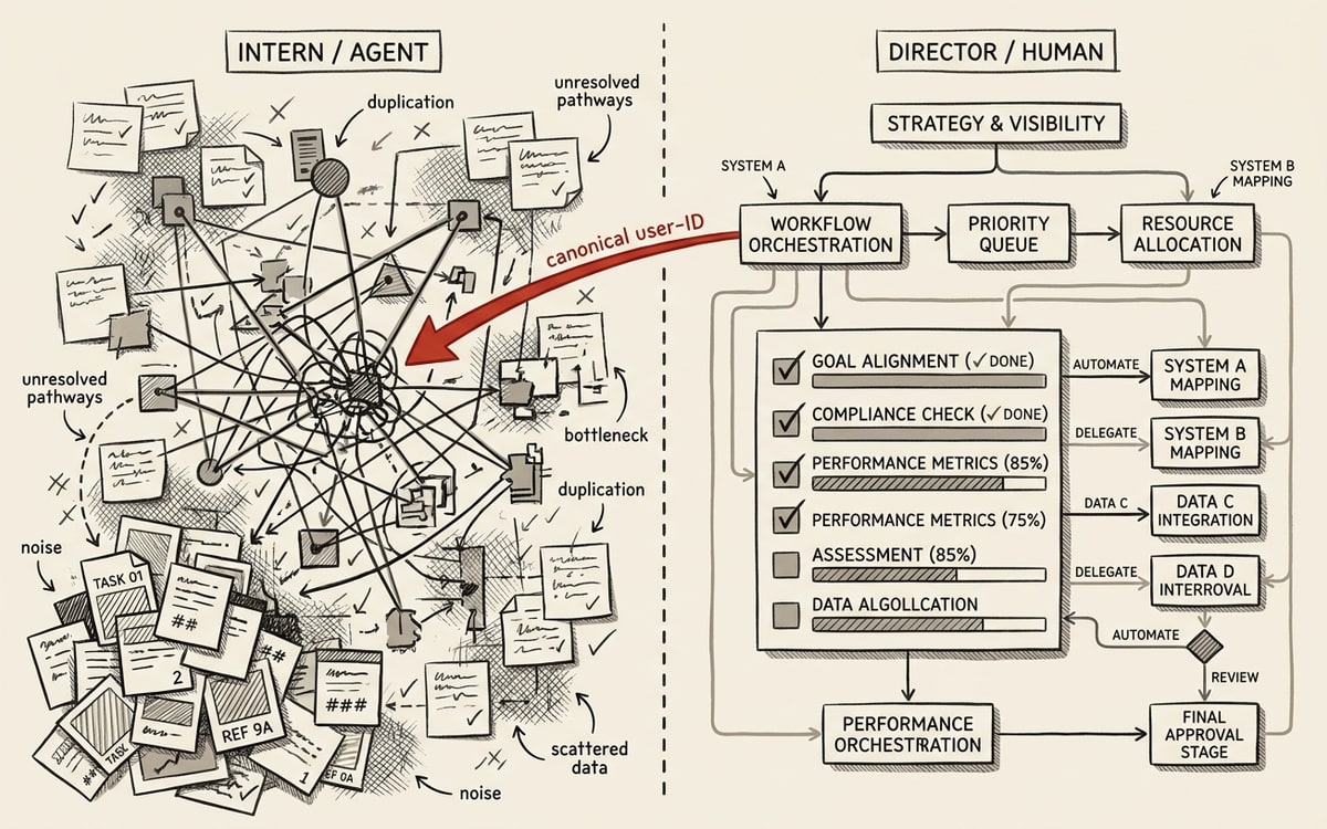 Director vs intern: humans set direction, agents execute against the canonical user-ID arrow.