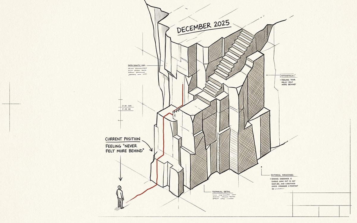 A small figure at the foot of a near-vertical December 2025 cliff — Karpathy's "never felt more behind" framing, visualized