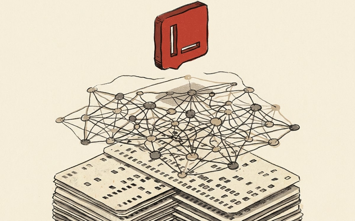 Three exploded axonometric layers: Software 1.0 as punched cards, 2.0 as neural mesh, 3.0 as a red prompt block