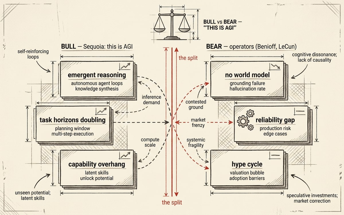 The bull-bear split between Sequoia's "this is AGI" framing and the operator critique from Benioff and LeCun.