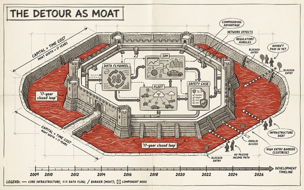 The 17-year detour as the closed-loop moat competitors haven't paid into existence yet.