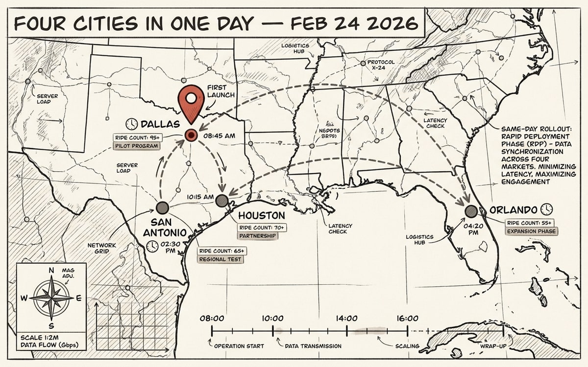 Waymo's Feb 24, 2026 four-cities-in-one-day launch — Dallas, Houston, San Antonio, Orlando.