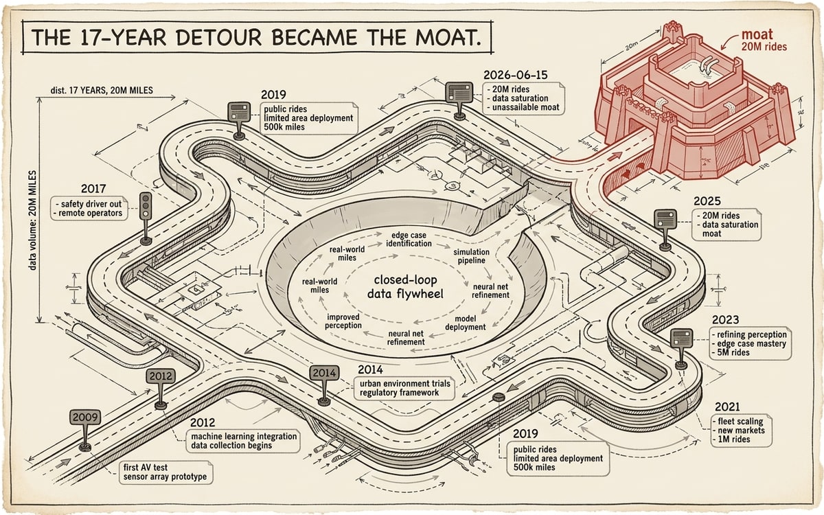 Waymo's 17-year detour visualized as the long road that became the moat.