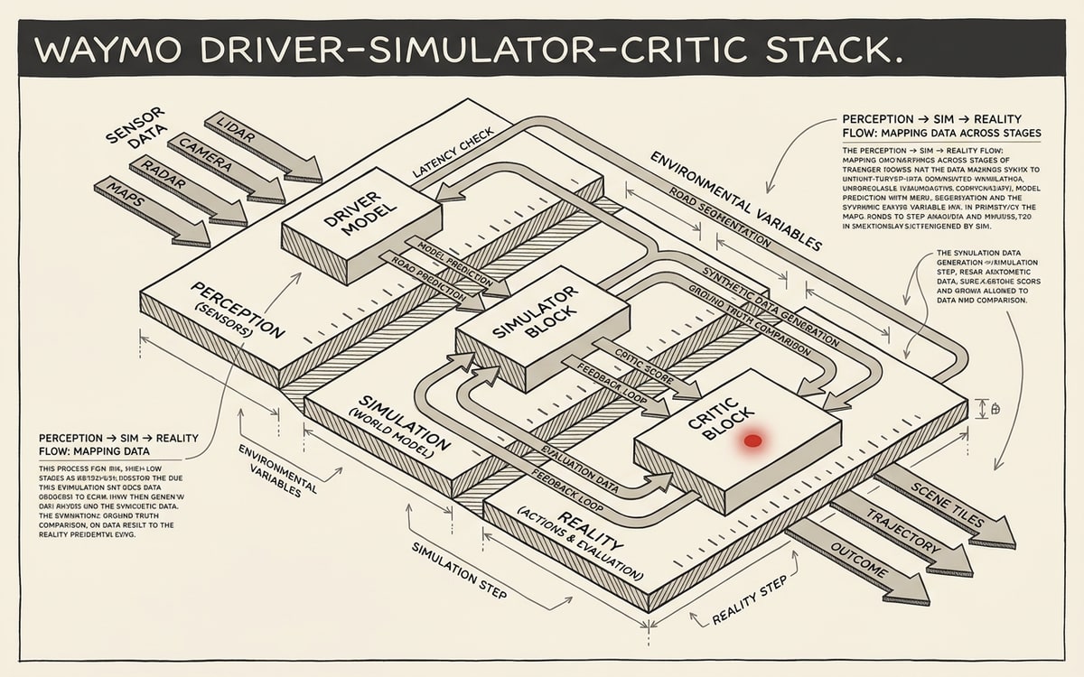 Waymo's driver-simulator-critic stack as the EMMA-shaped substrate mapping perception, sim, and reality.