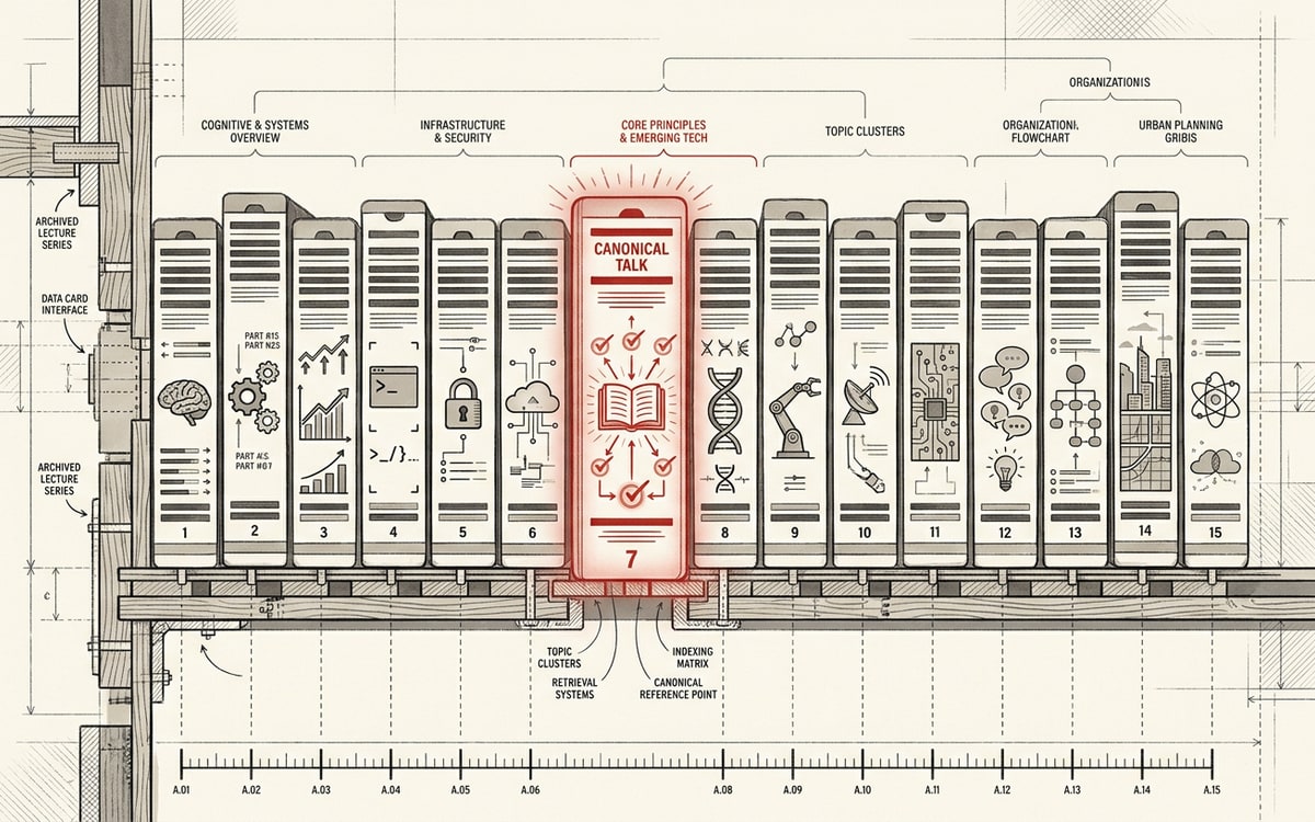 A long shelf of fifteen lecture-card spines stacked horizontally, each labeled by topic, with one in editorial red marking the canonical talk