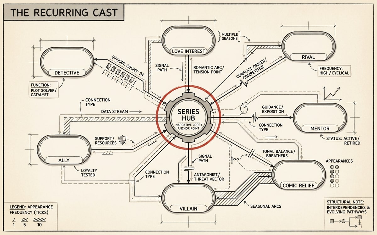 An editorial collage of seven labeled portrait silhouettes connected by a central node, showing the cast of recurring speakers across the playlist