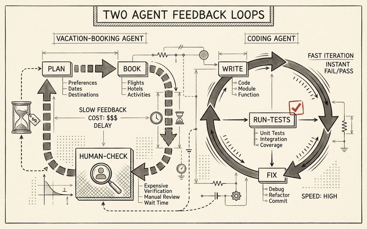 A diagram showing two parallel agent loops: a coding agent with a tight unit-test feedback cycle on the right, and a vacation-booking agent with an expensive human-verification cycle on the left, with the right side highlighted in editorial red