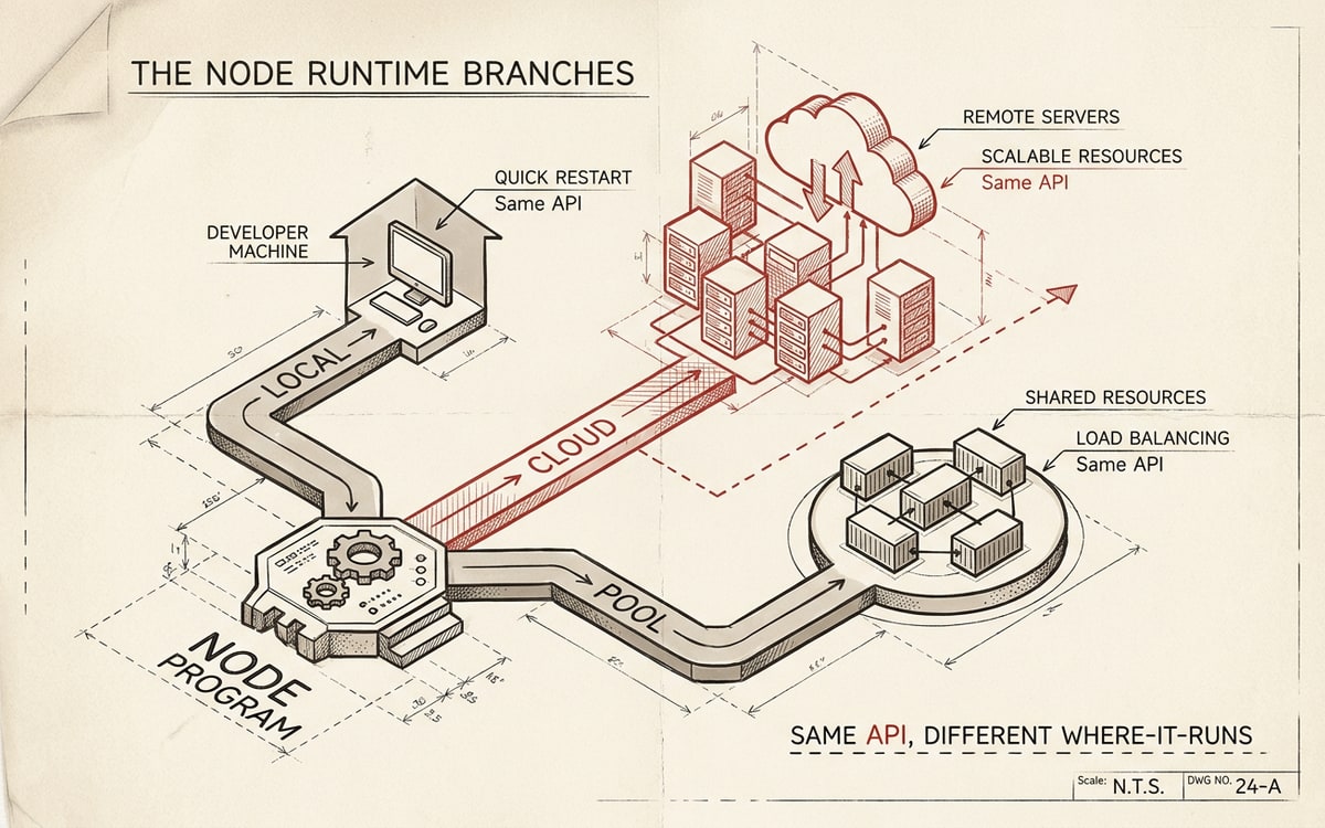 Three runtime branches diverging from a single Node program: LOCAL, CLOUD (red), POOL — same API, different where-it-runs