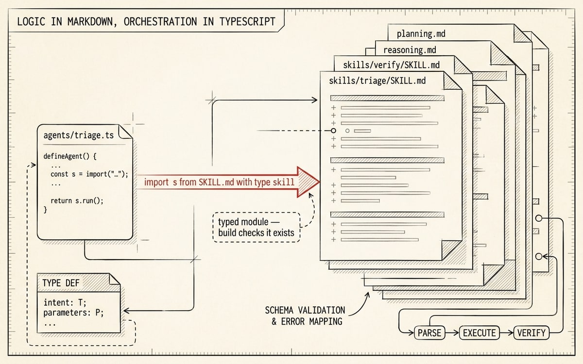 A folder tree with agents/ TypeScript files small and skills/ markdown files large — the logic lives in the markdown