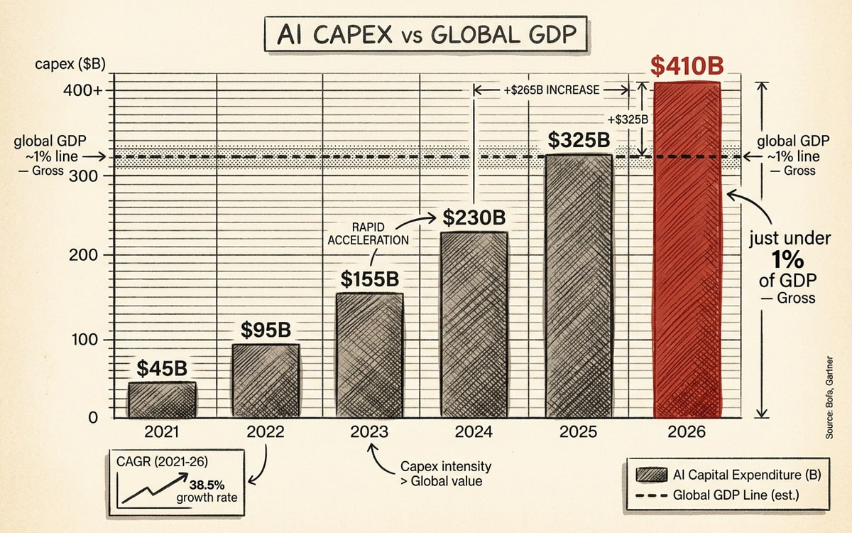 Six rising AI capex bars, rightmost in red towering over a dashed global-GDP line — Gross's "just under 1% of GDP" claim