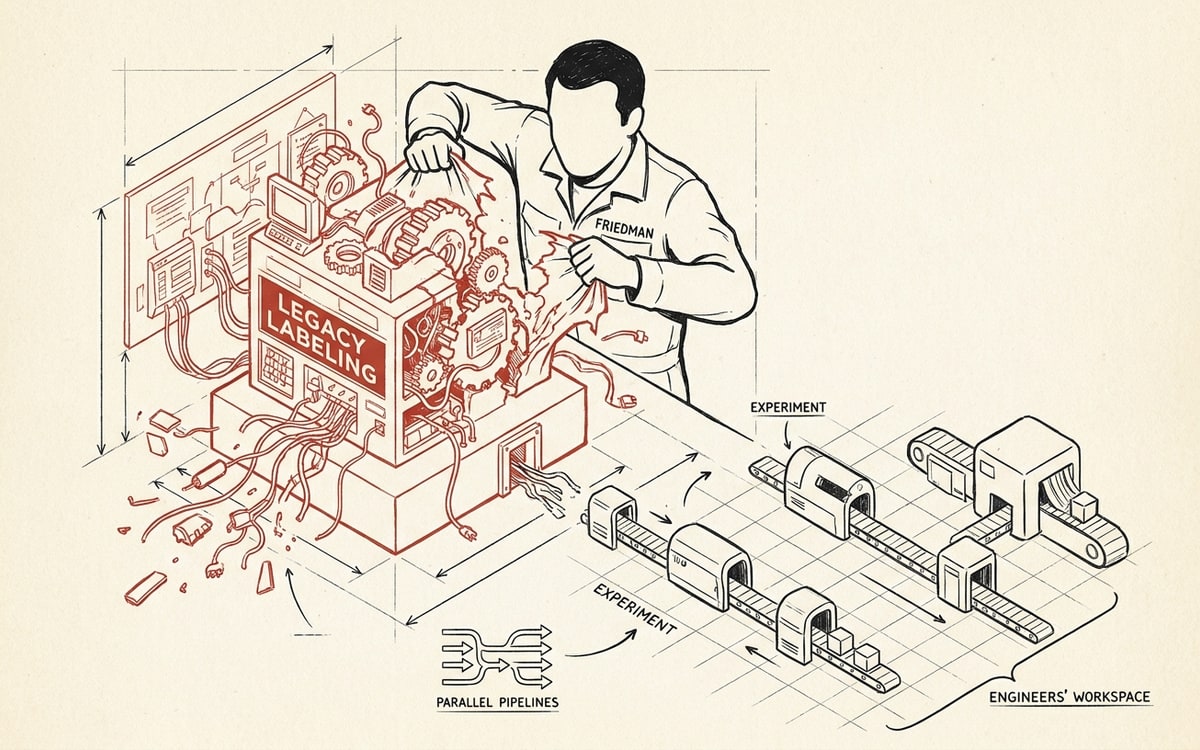 Friedman ripping out the legacy labeling tool so engineers can run small, fast, parallel experiments.