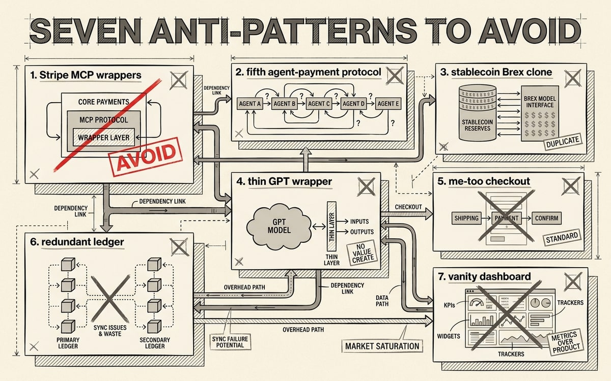 Seven anti-patterns to avoid: Stripe MCP wrappers, fifth agent-payment protocols, stablecoin Brex clones, and more.