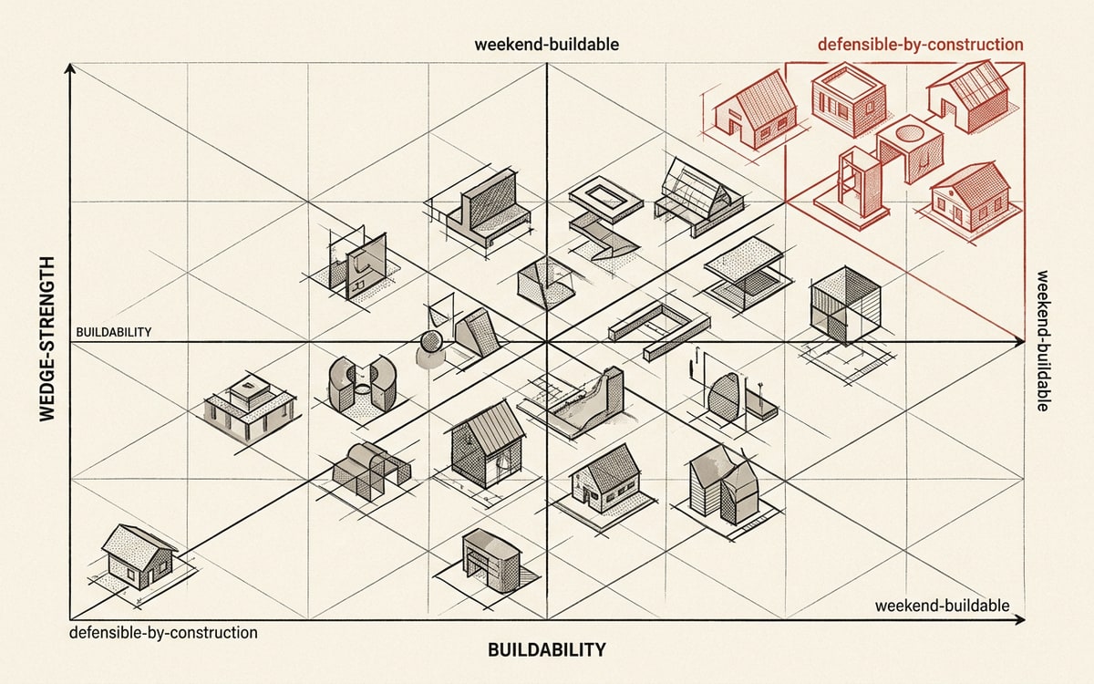 25 ideas plotted on the buildability × wedge-strength matrix — the top-right cluster of 5 ideas (in editorial red) is where weekend-buildable meets defensible-by-construction. Most ideas land in the middle quadrants.