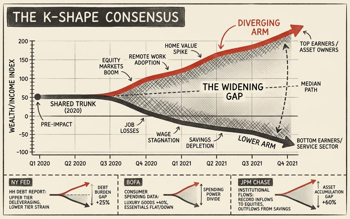 The K-shape consensus across NY Fed, BofA, and JPM Chase — the diverging arms Stripe says they don't see.