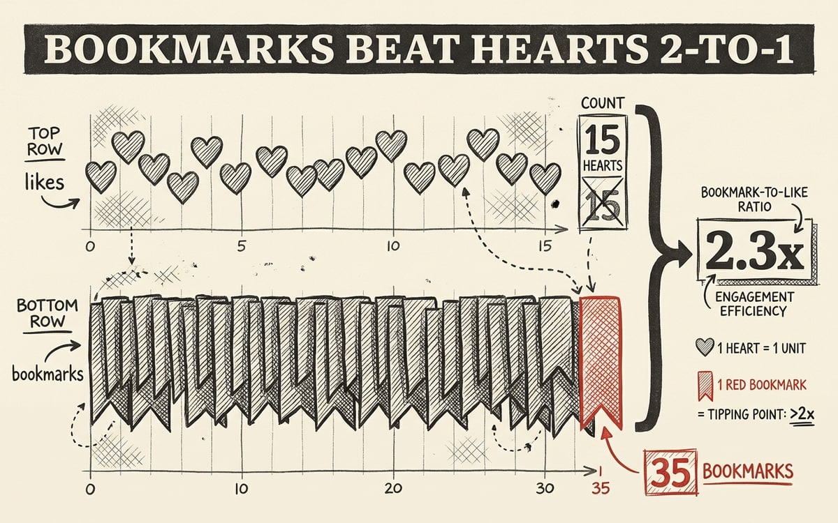Two rows of icon glyphs on charcoal: top row of cream hearts, bottom row of editorial red bookmark flags more than twice as dense.