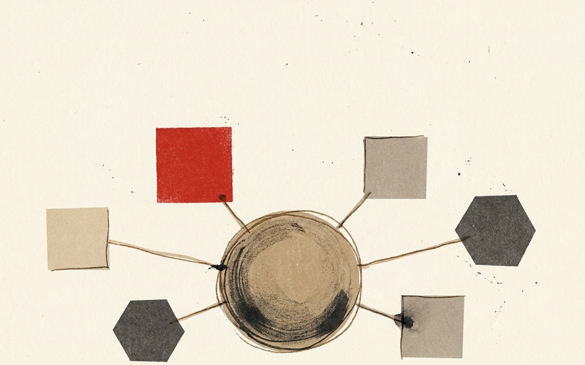 Five small geometric tiles arranged around a central round node with thin sepia connectors, one upper tile rendered solid editorial red.