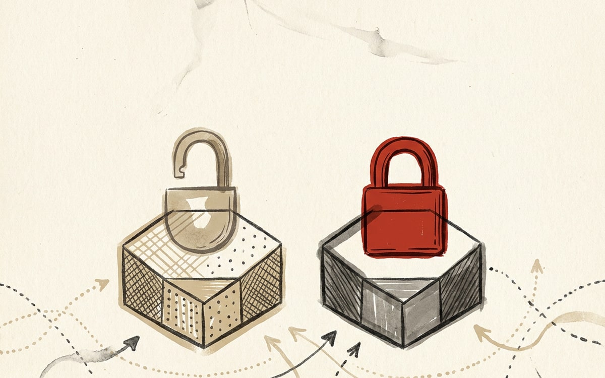 Two hexagonal artifacts side by side, the left under an open lock in sepia, the right under a closed padlock in editorial red.