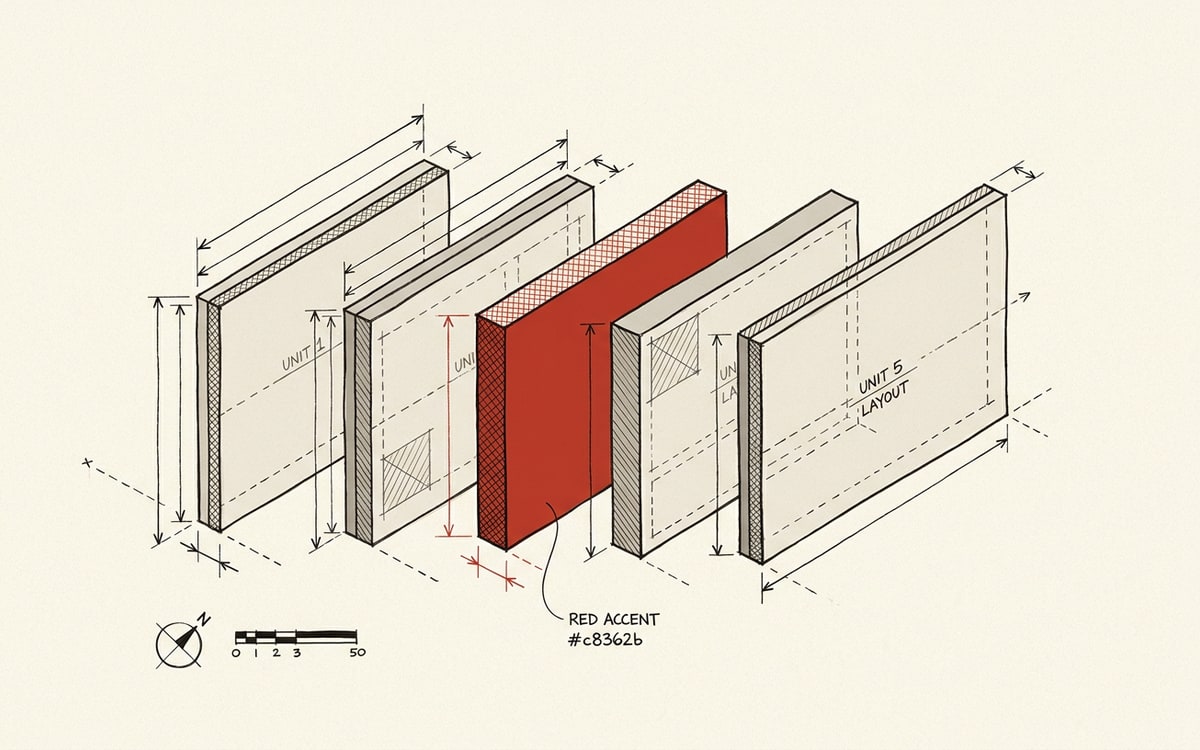 Five flat rectangular cards stacked in a horizontal row, with the center card rendered solid editorial red.