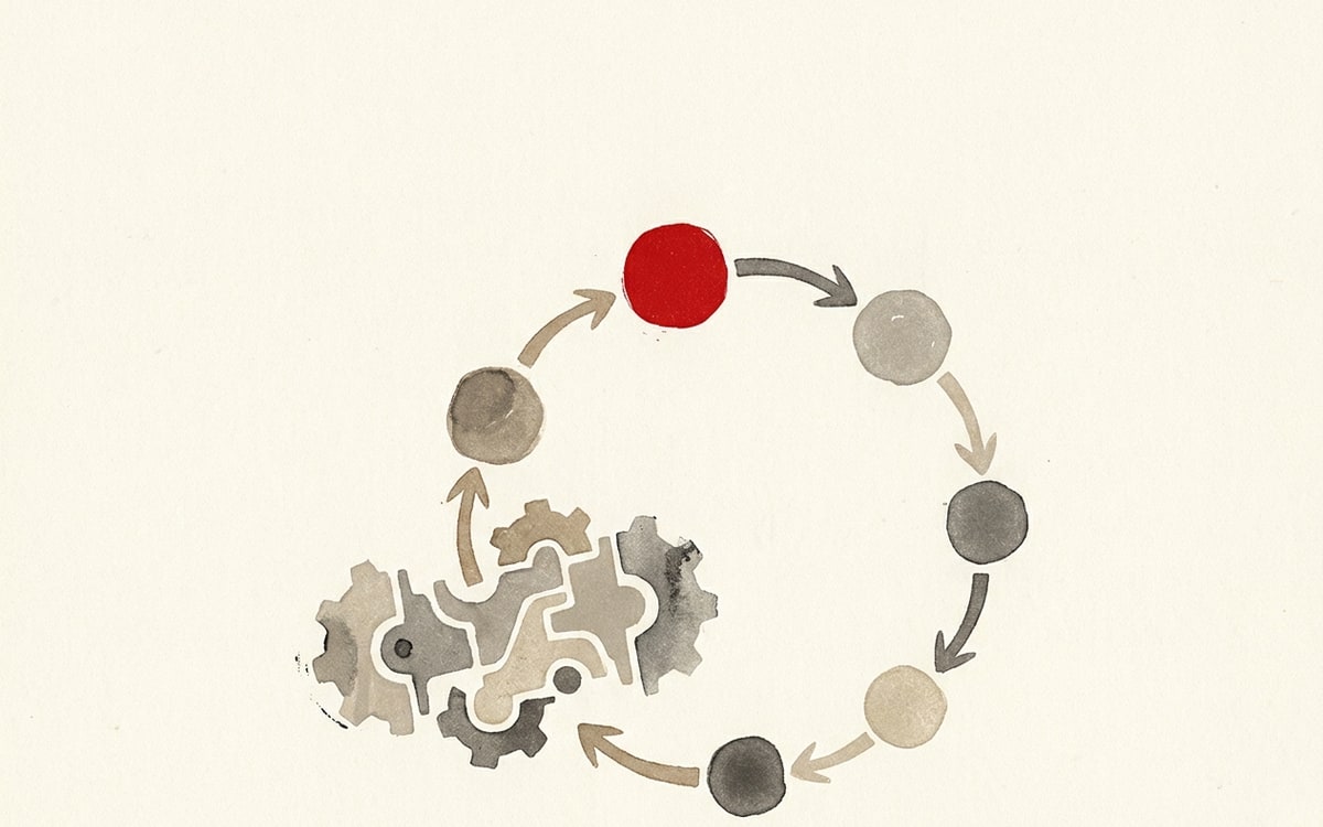 Eight small numbered nodes arranged in a clockwise circle connected by sepia arrows, with one top node rendered solid editorial red.