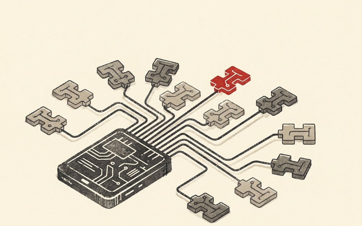 Schematic: central master tile with 12 satellites, one red. The SKILL.md spec at center, the agency-genre fanning out.