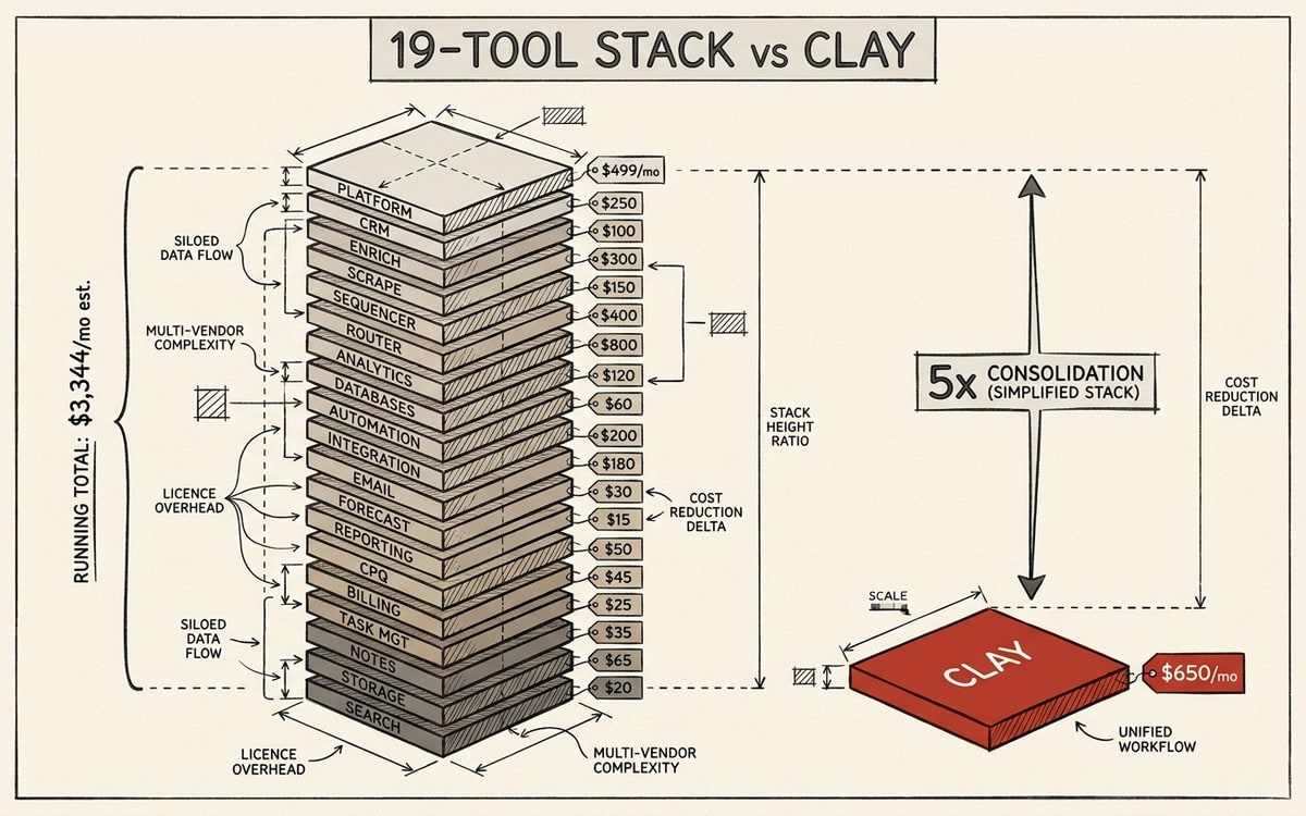 Two towers: tall sepia stack of 19 slabs beside a single short red slab. The 19-tool cost vs Clay as architecture.
