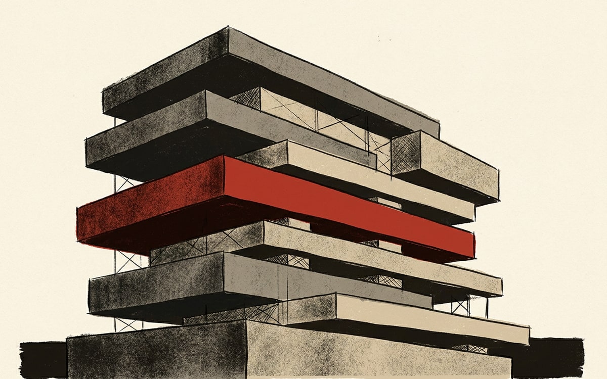 Axonometric stack of seven sepia slabs with the middle Automation layer in red. The seven-layer GTM picture as architecture.