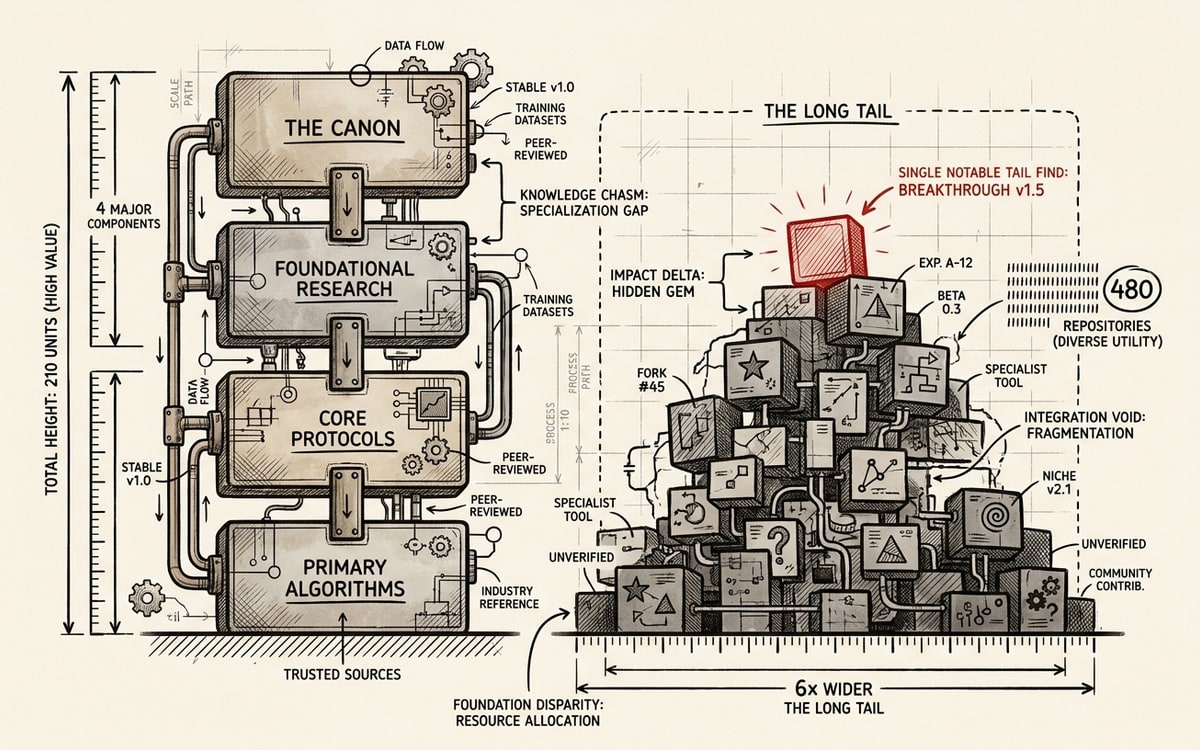 Cream paper, two-tower comparison: tall stack of four large sepia slabs beside a wider but shorter pile of small red blocks.