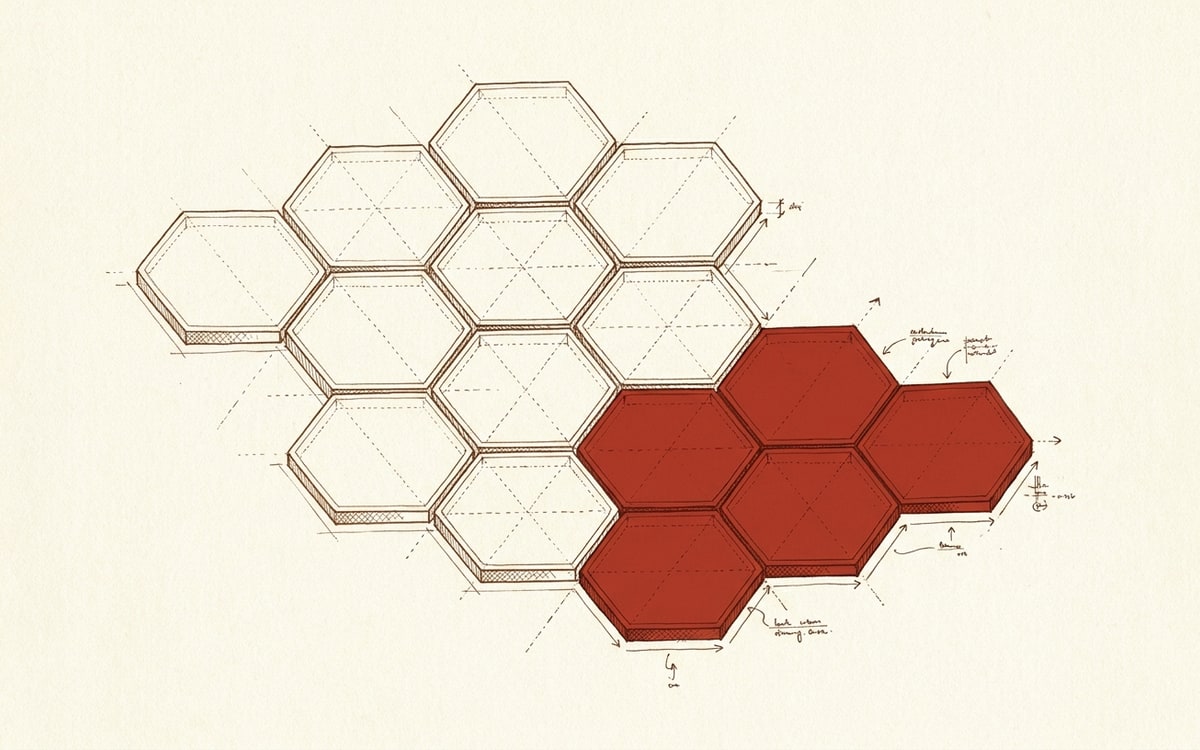 Schematic axonometric grid of twelve hexagonal tiles, sepia-outlined, with a cluster of four red tiles in the lower-right.