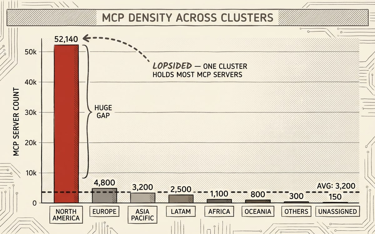 Bar chart on charcoal paper with one tall red bar towering over short sepia bars, indicating the lopsided MCP density.