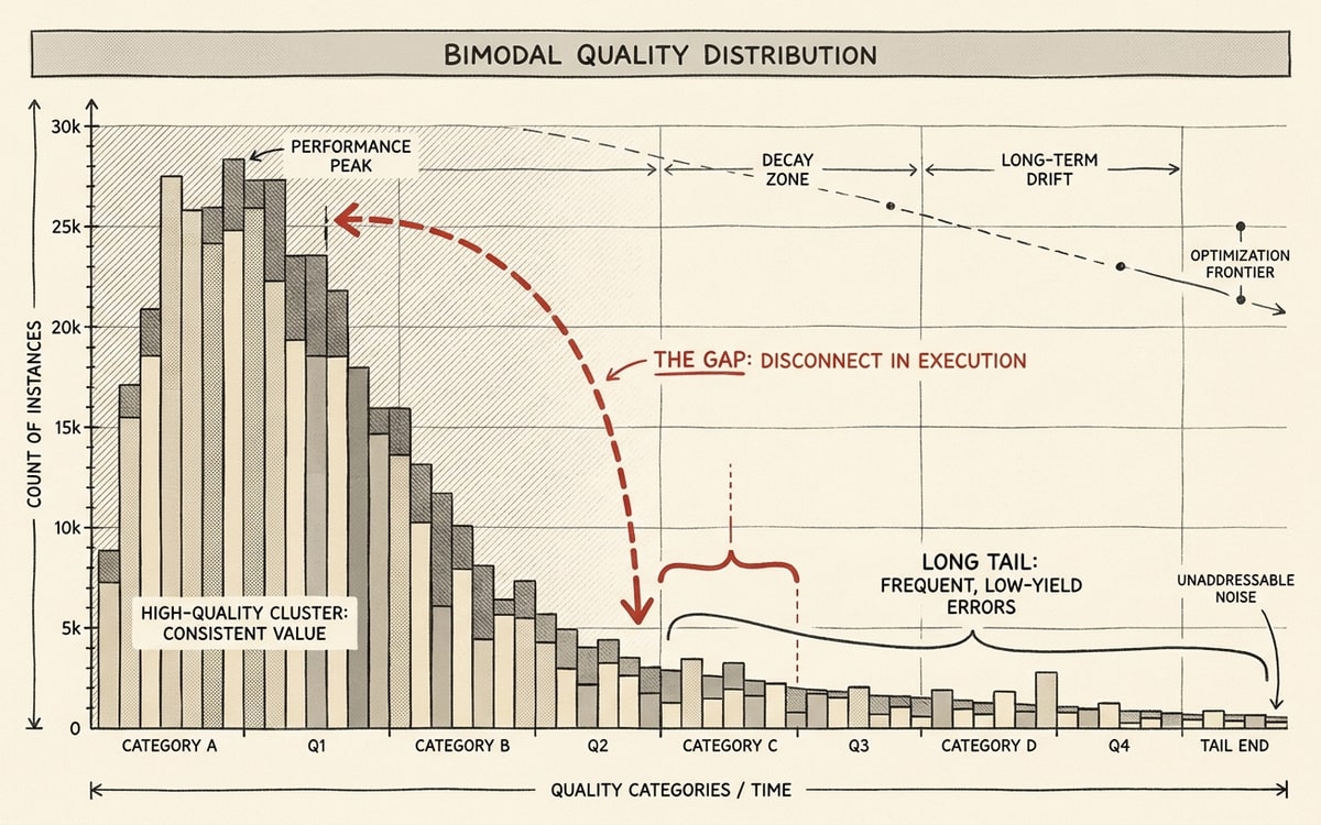 Flat bar chart on warm charcoal paper, tall sepia bars on the left descending to a long thin tail of red bars on the right.