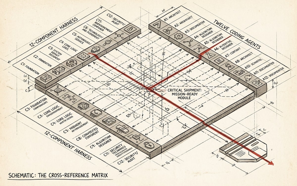 The 12-component harness, illustrated by what twelve coding agents ship — a cross-reference matrix.
