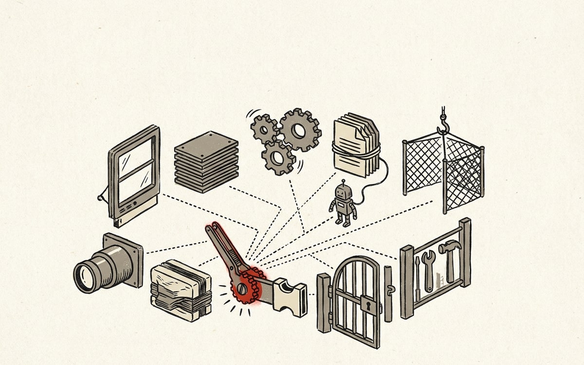 The 12 components of an agent harness rendered as an exploded technical assembly — system prompt, context window, tool registry, memory file, subagent, sandbox, hook, skills, permission gate, compaction, verifier (in editorial red, the component that closes the Ratchet loop), and observability layer.