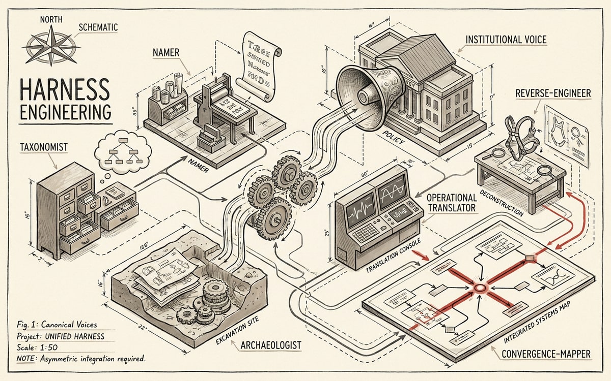 The seven voices and their canonical position on harness engineering — taxonomist, namer, archaeologist, institutional voice, operational translator, reverse-engineer, convergence-mapper.