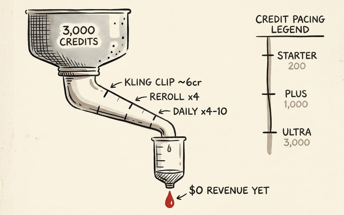 Credit-burn funnel: a 200/1,000/3,000-credit reservoir at top draining through per-clip costs, the daily-posting cadence emptying it before a dollar of revenue returns.