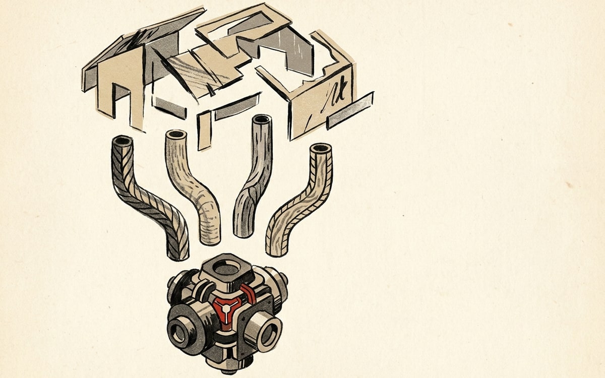Exploded axonometric: Marketing Studio shell on top, Veo / Kling / Sora / Nano Banana pipes feeding a small DoP + SOUL ID core.