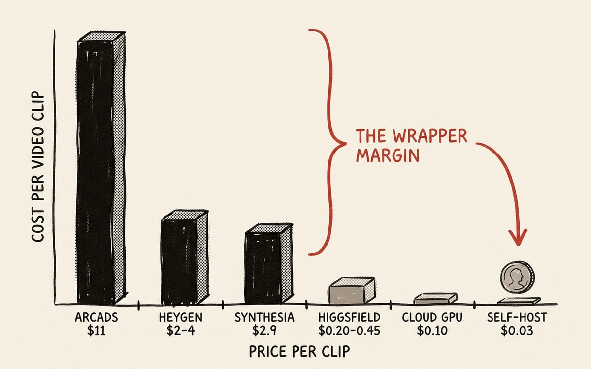 Editorial comparison chart: SaaS platforms as tall priced bars on the left, a short self-host bar on the right, the gap shaded red.