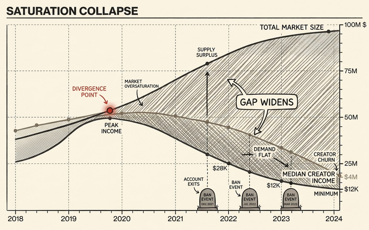 Saturation curve: total market size rising while median creator income falls, the widening gap shaded red, ban events marked as account-shaped tombstones along the timeline.