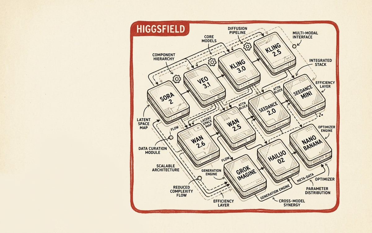 Hand-drawn editorial stack diagram on cream paper: a single rounded container labeled "HIGGSFIELD" wrapping an exploded stack of eleven smaller rectangles labeled SORA 2, VEO 3.1, KLING 3.0, KLING 2.5 TURBO, WAN 2.6, WAN 2.5, SEEDANCE 2.0, SEEDANCE 2.0 MINI, GROK IMAGINE 1.5, HAILUO 02, NANO BANANA. The container is rendered in editorial red; the eleven inner rectangles are ink-black on cream.