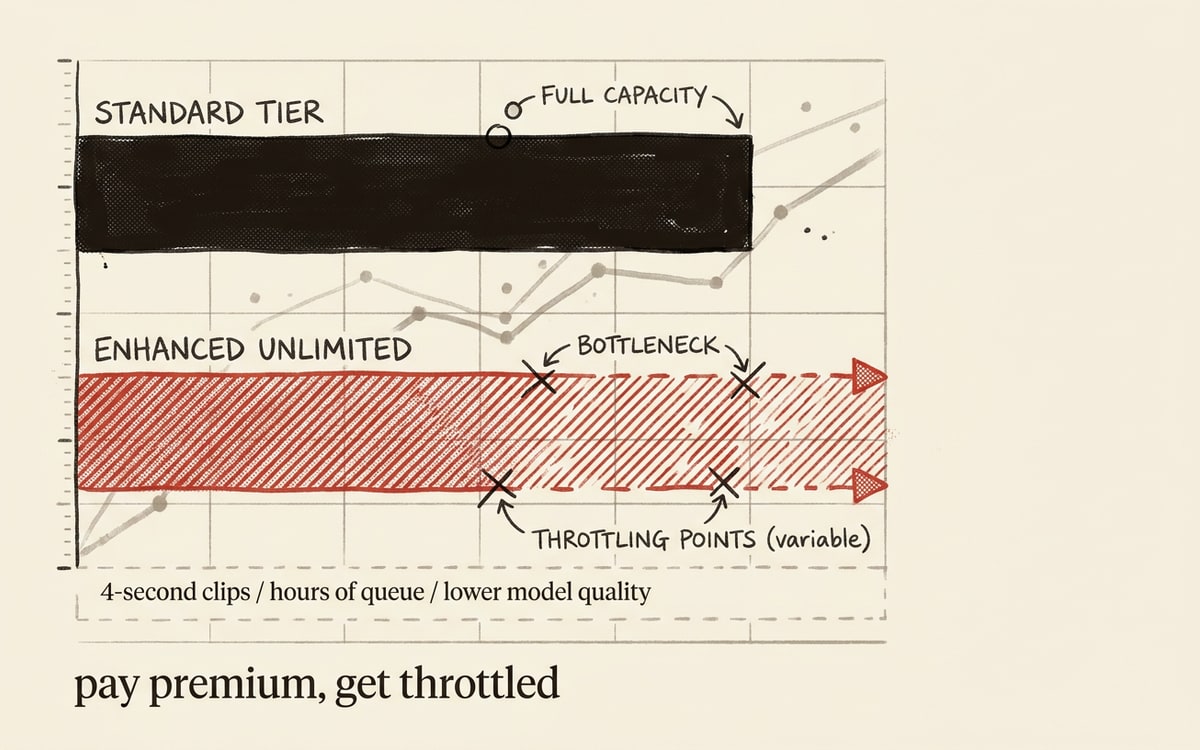 Hand-drawn editorial diagram on cream paper: two stacked horizontal bars. TOP bar labeled "STANDARD TIER" is solid ink-black at roughly 80% width. BOTTOM bar labeled "ENHANCED UNLIMITED" is the same width but rendered in editorial red with a hatched/striped pattern indicating throttling, and labeled "4-second clips, multi-hour queue, lower model quality" in small hand-drawn text underneath. A small subtitle reads "buy premium, get throttled".