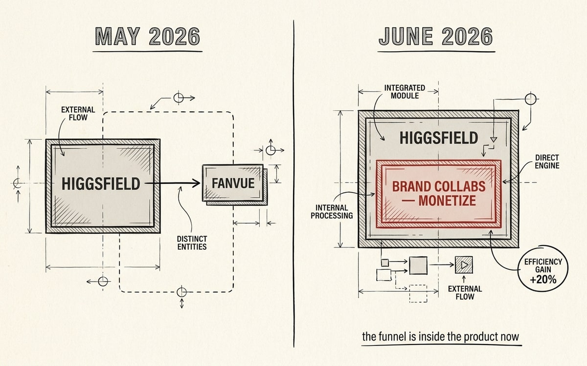 Hand-drawn editorial diagram on cream paper: a two-panel comparison. LEFT panel labeled "MAY 2026" shows a creative-tool icon with a small thin arrow exiting to a separately-drawn icon labeled "FANVUE". RIGHT panel labeled "JUNE 2026" shows the same creative-tool icon BUT with a built-in module labeled "BRAND COLLABS — MONETIZE" rendered in editorial red, with no separate exit arrow. The right panel is captioned "the funnel is now inside the product".