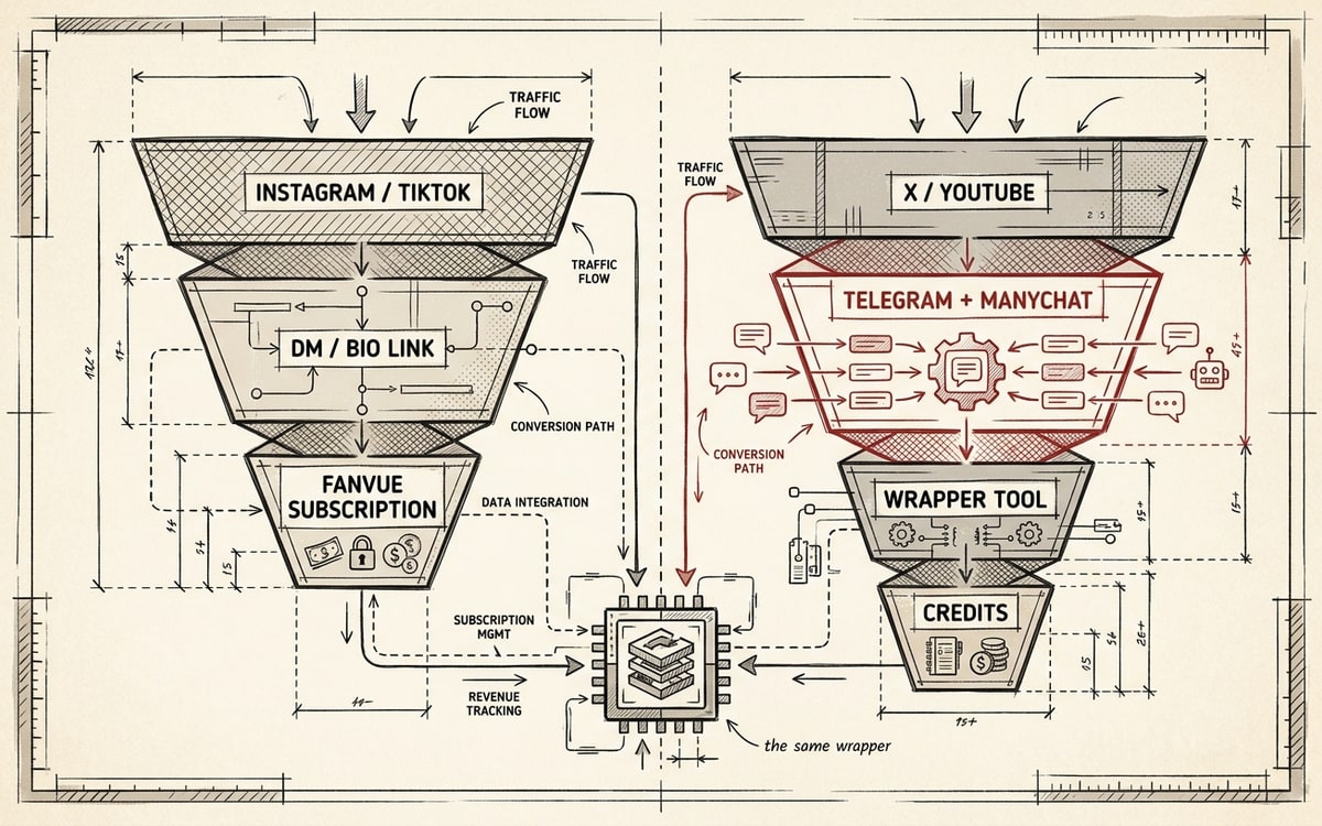 Hand-drawn editorial diagram on cream paper: a mirrored funnel with two halves separated by a vertical center line. LEFT half (buyer-side) narrows from "INSTAGRAM / TIKTOK" at top through "DM / BIO LINK" to "FANVUE SUBSCRIPTION" at bottom. RIGHT half (operator-side) narrows from "X / YOUTUBE" at top through "TELEGRAM + MANYCHAT" through "WRAPPER TOOL CREDITS" at bottom. The Manychat tier is rendered in editorial red as the newly-added layer. Both funnels feed a small icon at the center labeled "the same wrapper".
